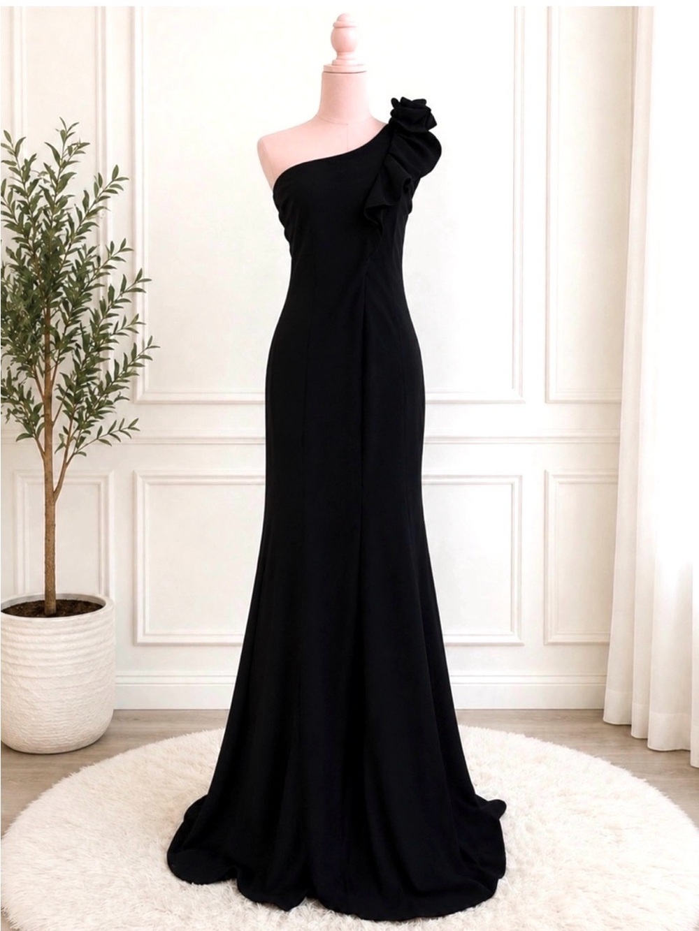 Elegant True Black One-Shoulder Ruffle Maxi Dress Glamorous Evening Wear